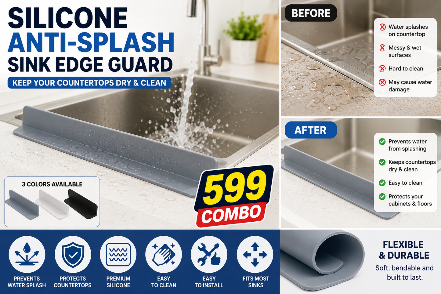 Silicone Anti-Splash Sink Edge Guard – Keep Your Countertops Dry & Mess-Free Combo